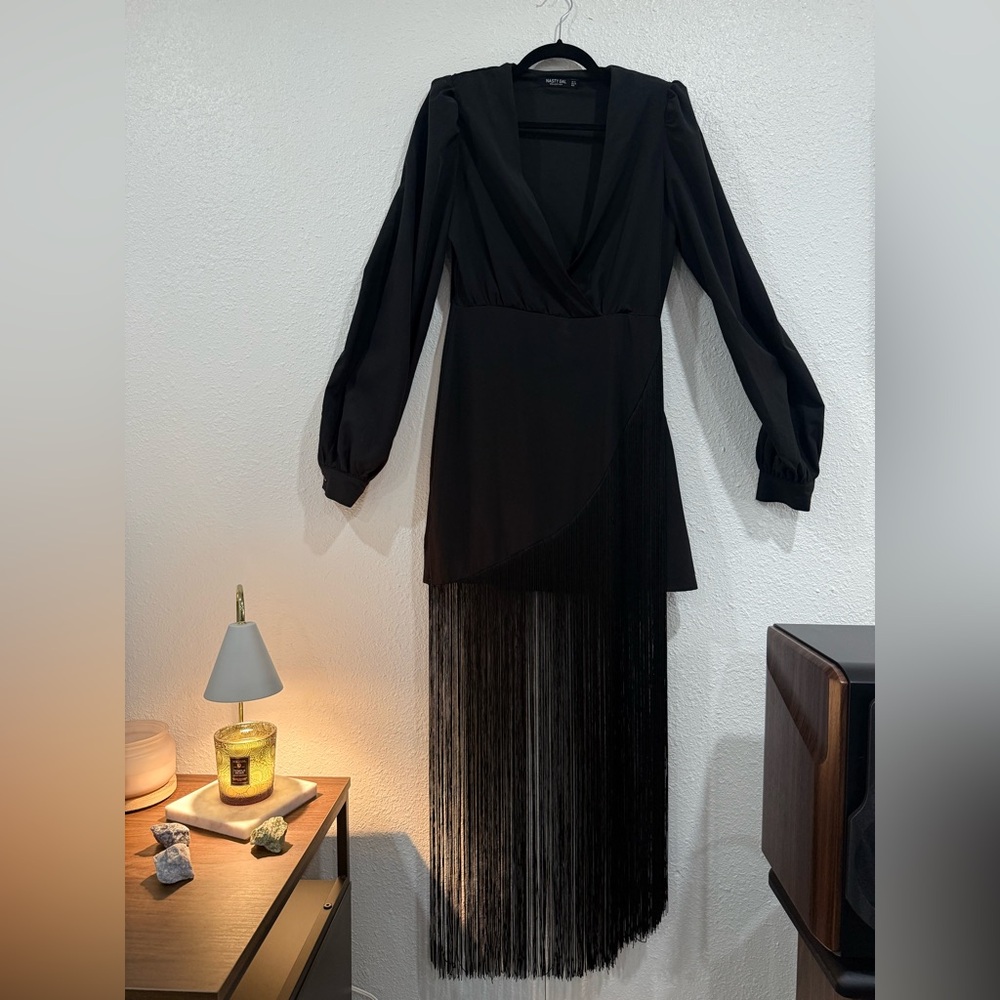 Nasty Gal Black Long Sleeve Fringe Dress